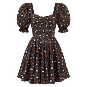 Autumn Adeigbo Mini Dress Brown Geometric‎ Puff Sleeve Size 14 NWT $565